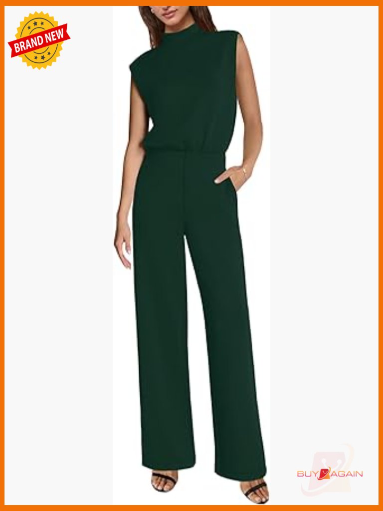 Sleeveless Mock Neck Jumpsuit With Pockets And Wide Leg Pants